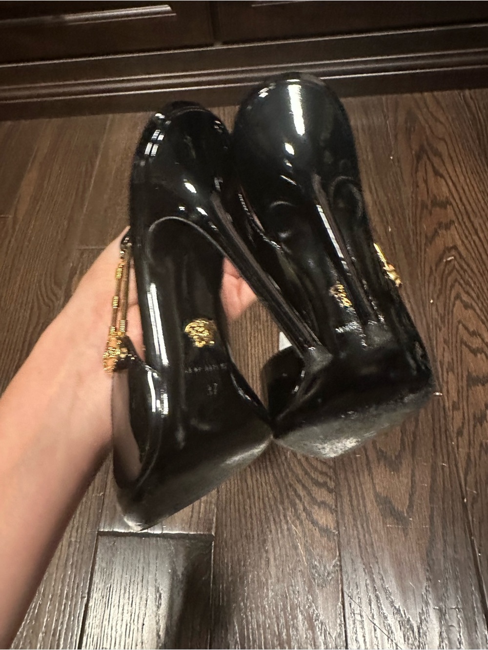 Black Patent Leather Pointed-Toe Slingback Pumps with Gold Accent include box - Picture 8 of 9